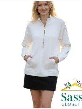 ✨ LILLY PULITZER White Skipper Popover Lace Sleeve Half Zip M EUC 🌴